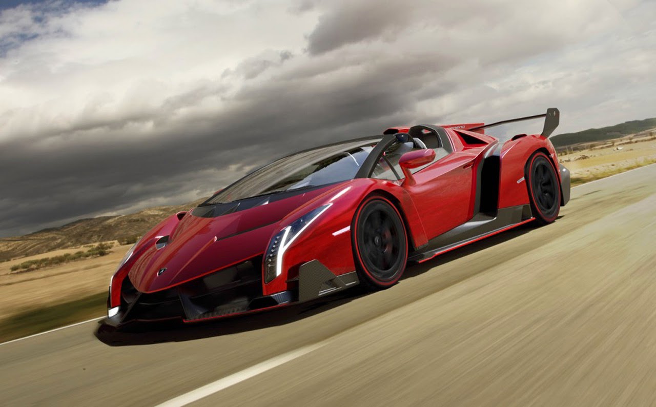 Gambar Mobil Lamborghini Merah Melaju di Jalan